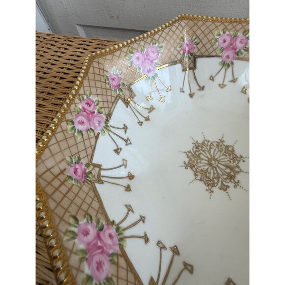 Antique 1920s Nippon Serving Bowl Hand Painted Gold Roses Floral - Picture 13 of 16